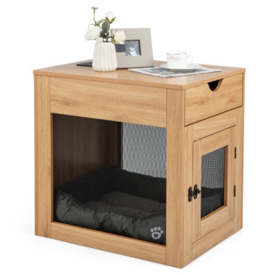 Furniture Style Dog Kennel with Drawer and Removable Dog Bed-Natrual - Color: Natural