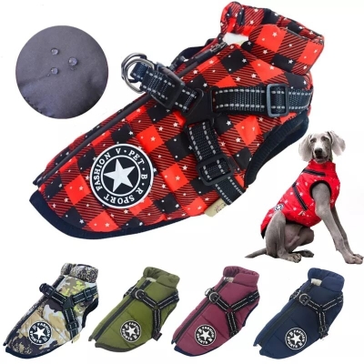 Pet Dog Jacket With Harness Winter Warm Dog Clothes For Labrador Waterproof Big Dog Coat Chihuahua French Bulldog Outfits