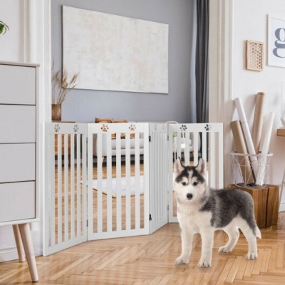 36 Inch Folding Wooden Freestanding Pet Gate with 360? Hinge-White - Color: White