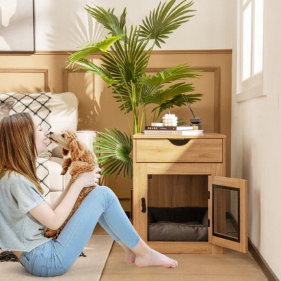 Furniture Style Dog Kennel with Drawer and Removable Dog Bed-Natrual - Color: Natural