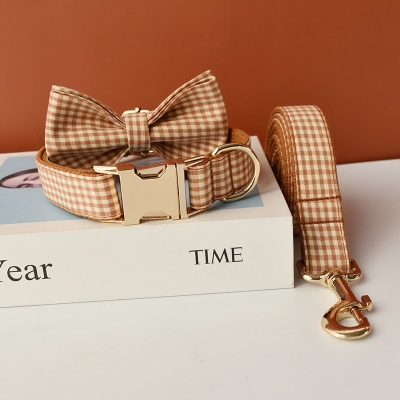 Caramel Brown Checkered Personalized Bow Tie Collar
